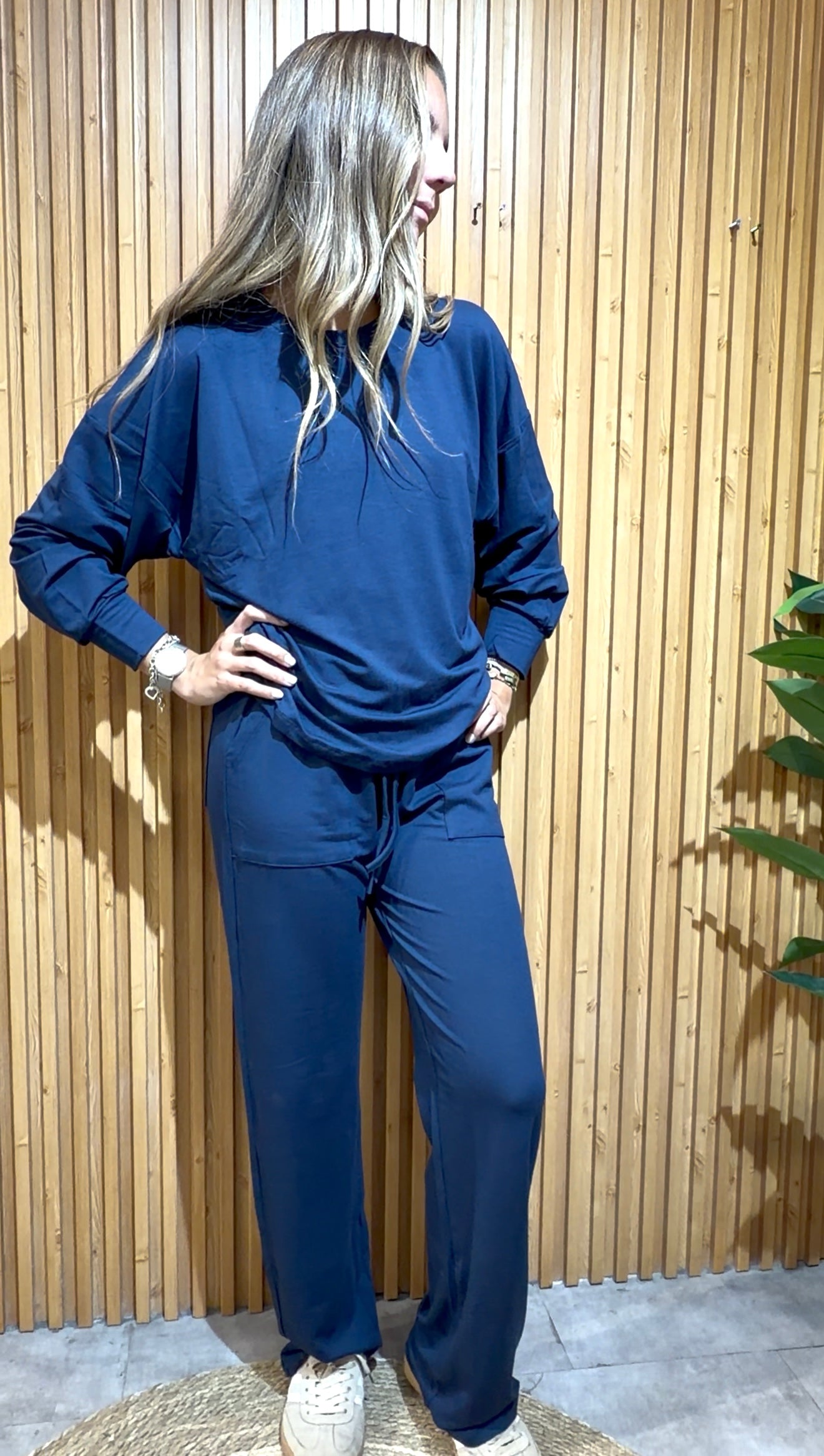 Conjunto Polera Manga Larga Moleton Premium Brasilero Azul Marino