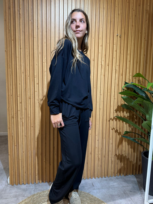 Conjunto Polera Manga Larga Moleton Premiun Brasilero Negro