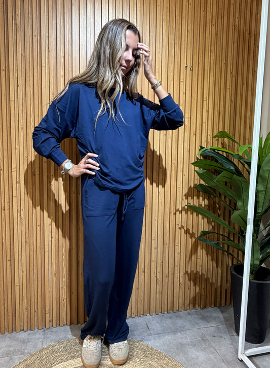 Conjunto Polera Manga Larga Moleton Premium Brasilero Azul Marino